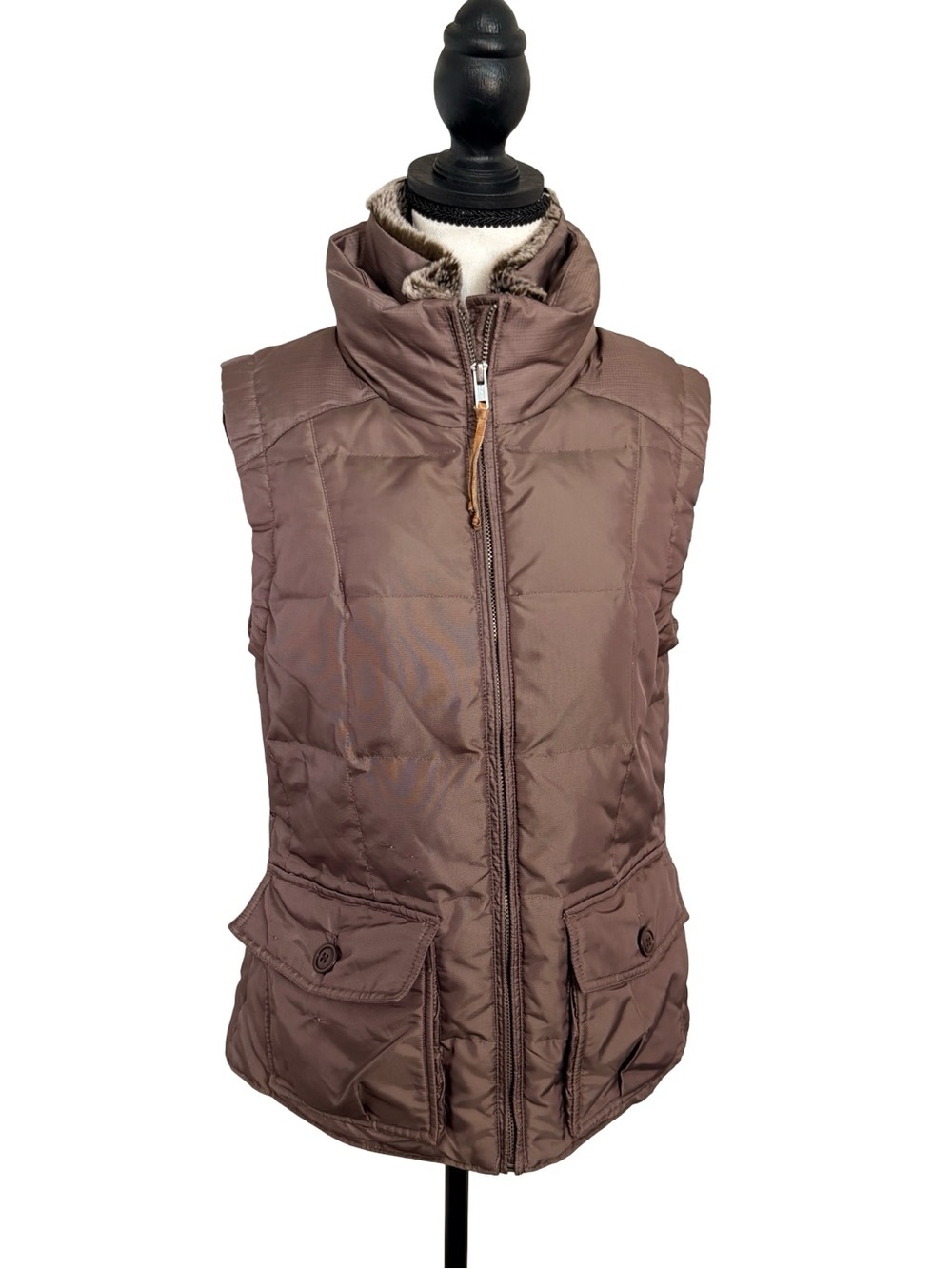 Eddie Bauer Yukon Model Goose Down Puffer Vest Brown Taupe Faux Fur Trim M